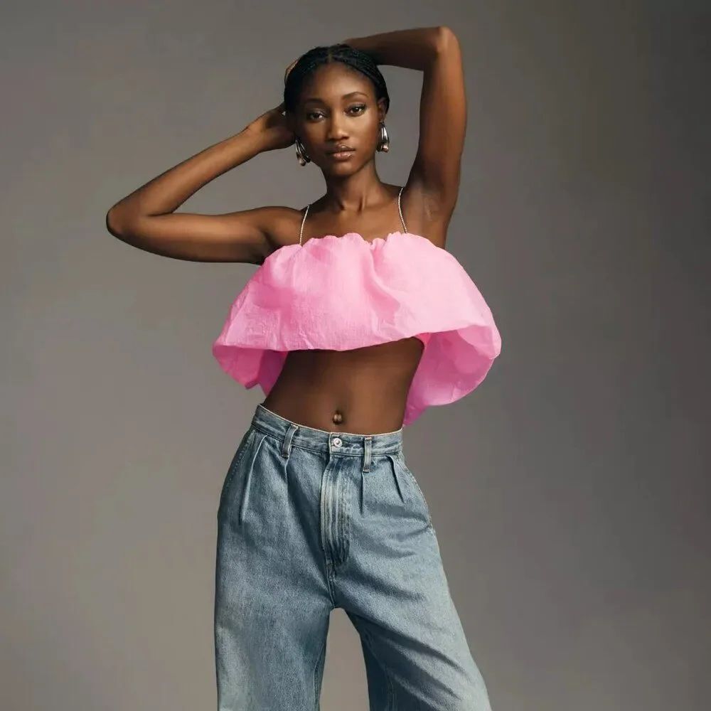 NWT Anthropologie Shirt Maeve Diamond-Strap Crop Top Pink Size Small - Picture 1 of 8